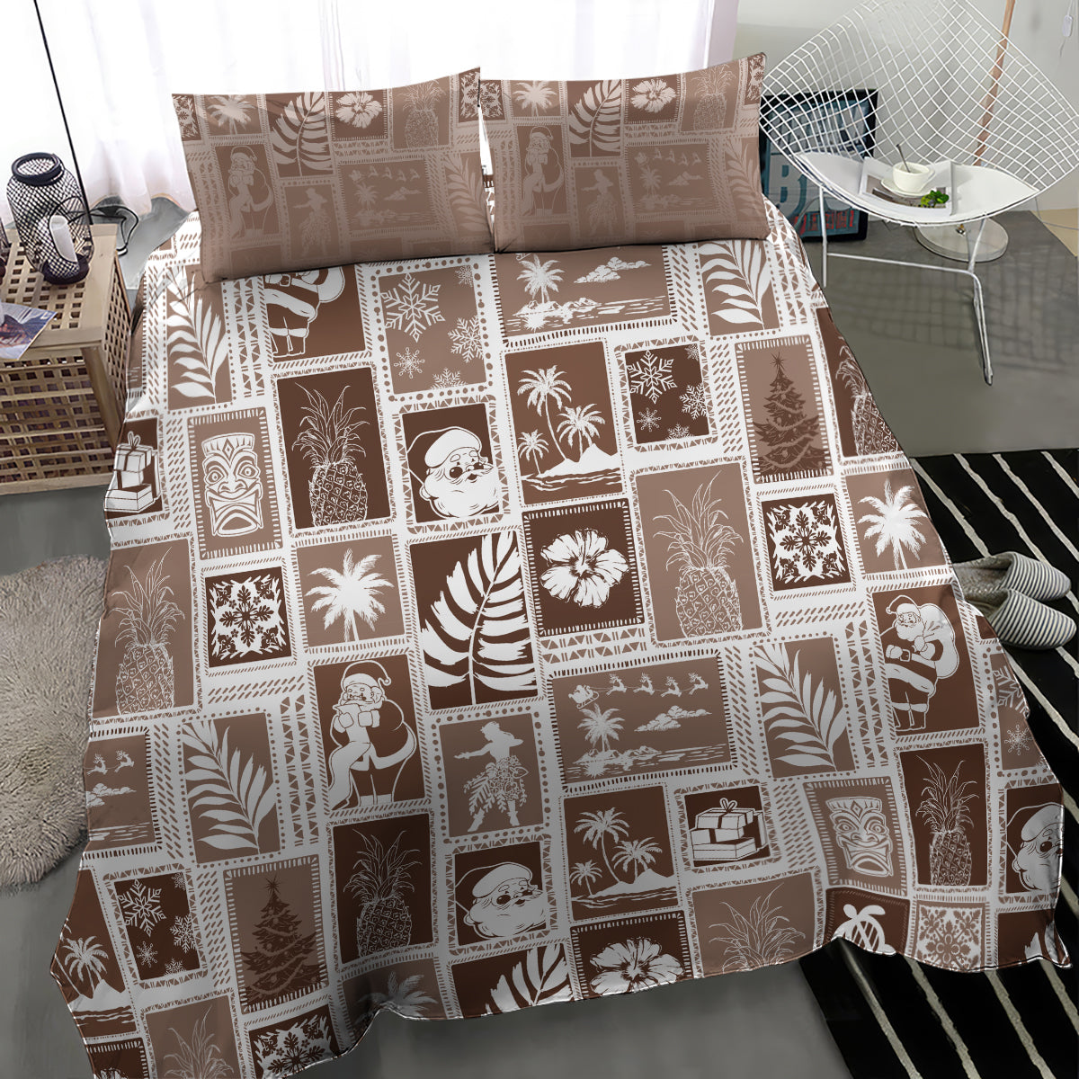 Brown patchwork duvet cover with square island and holiday motifs plus two pillow shams