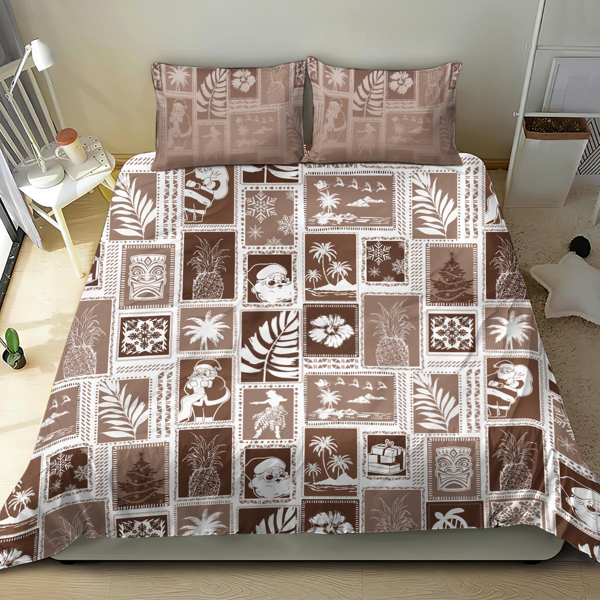 Brown patchwork bedding set featuring square island holiday designs and two matching pillowcases