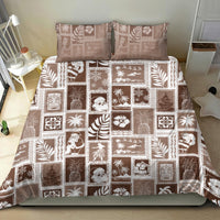 Brown patchwork bedding set featuring square island holiday designs and two matching pillowcases