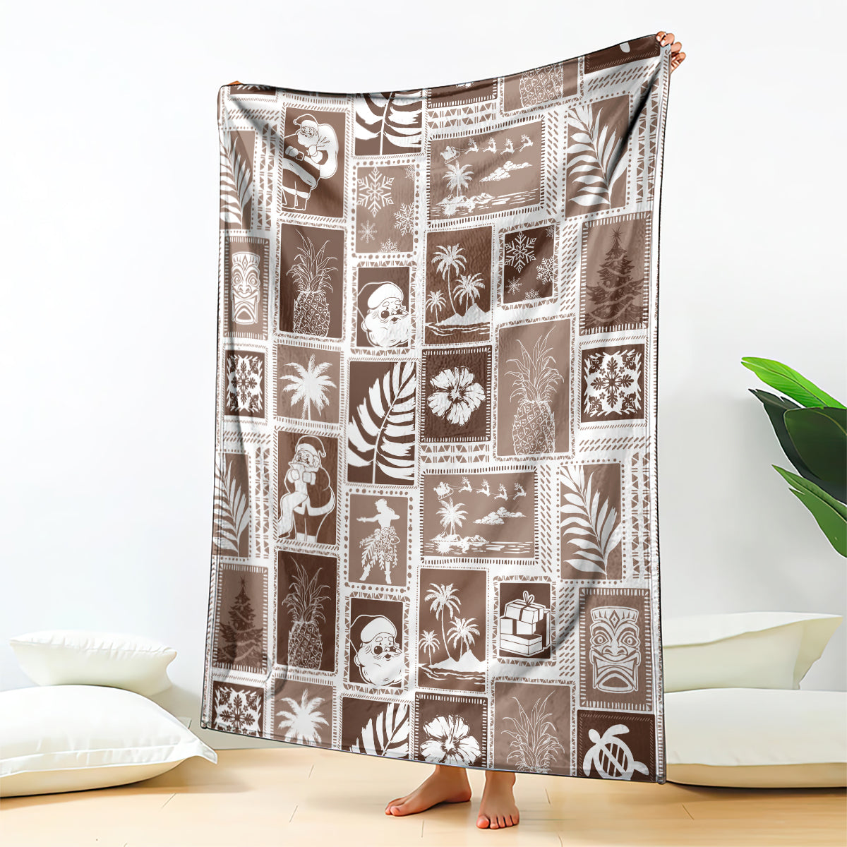 Brown and white patchwork throw blanket with tropical pattern squares and border