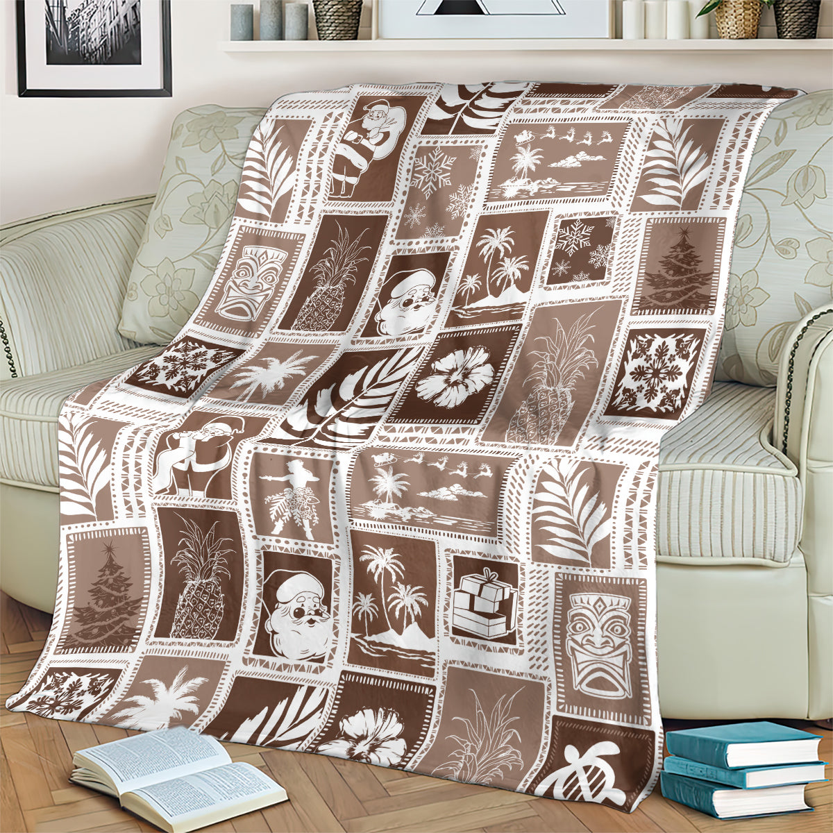 Brown and white patchwork blanket with repeating square motifs, draped across a couch