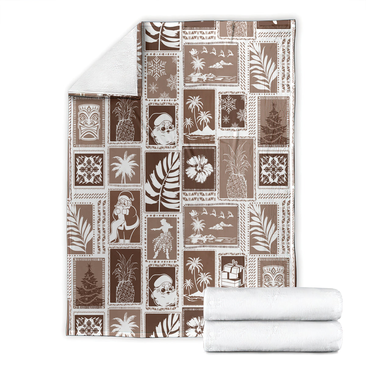 Brown and white patchwork throw blanket folded with repeating square tropical patterns