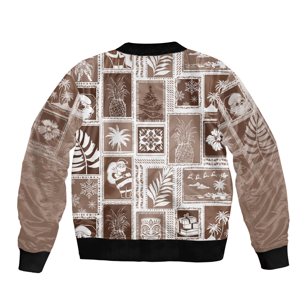 Brown bomber jacket with patchwork graphic print, ribbed collar, cuffs, and waistband.