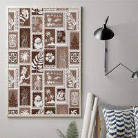 Brown patchwork wall art canvas with retro Christmas icons and palm-tree patterns
