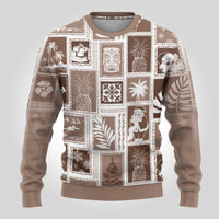 Brown crewneck sweater with white square patchwork, long sleeves and ribbed cuffs