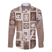 Brown long-sleeve button shirt with patchwork holiday tropical print