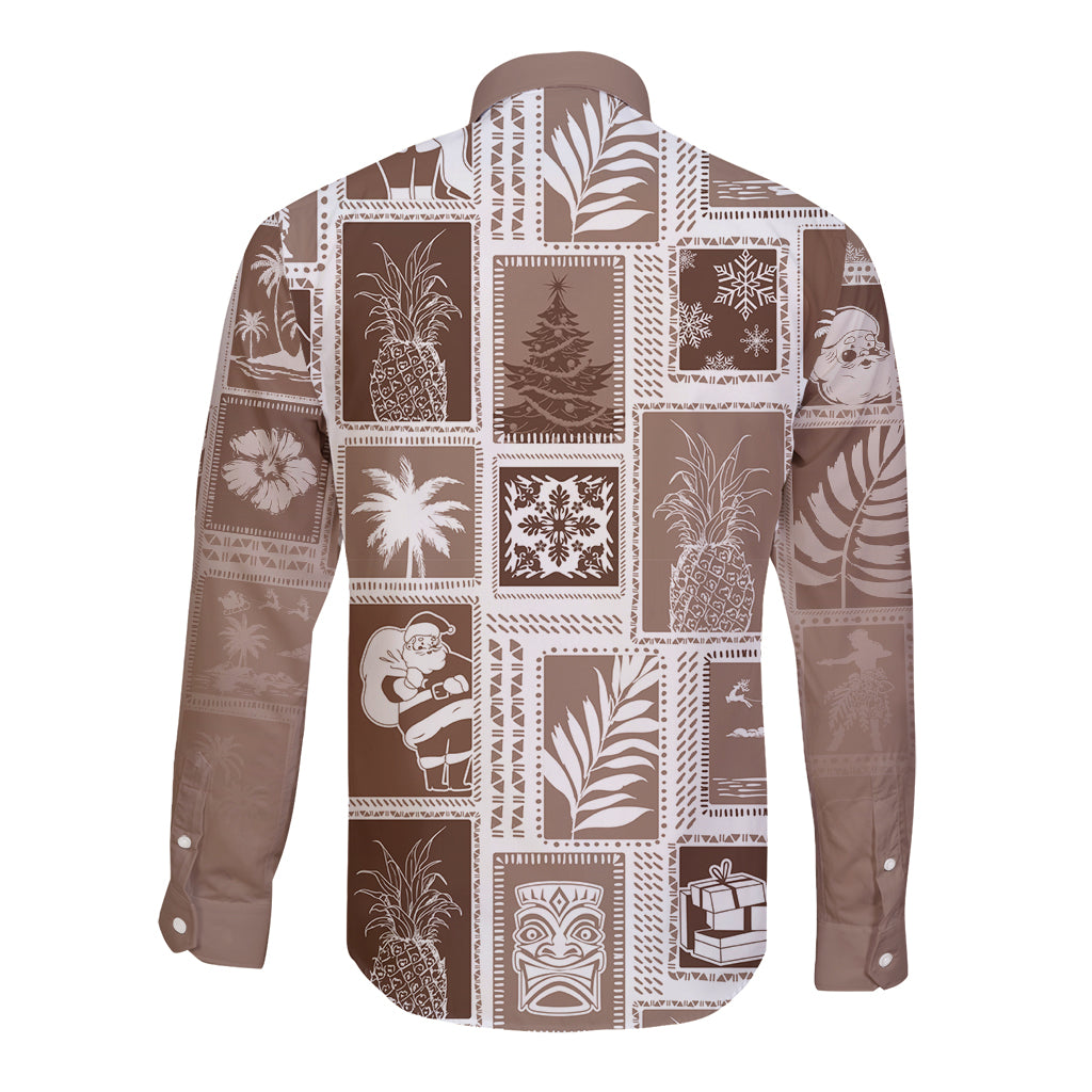 Brown long-sleeve button shirt, back view, patchwork holiday tropical print