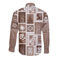 Brown long-sleeve button shirt, back view, patchwork holiday tropical print