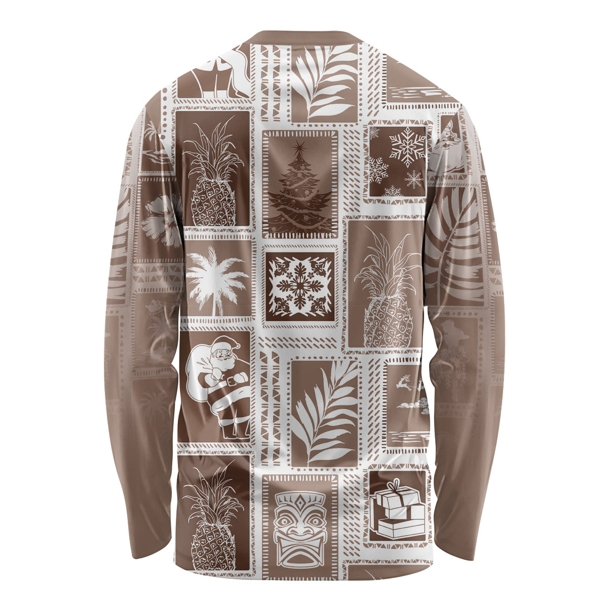 Brown long-sleeve shirt back with patchwork graphic squares and crew neck