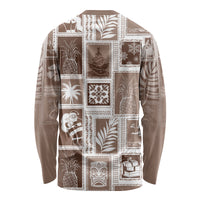 Brown long-sleeve shirt back with patchwork graphic squares and crew neck