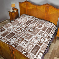 Brown and white bed quilt with patchwork squares and tropical pattern artwork