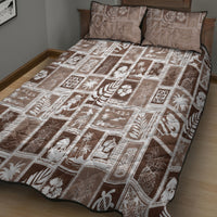Brown quilt bed set with white tropical patchwork square pattern and quilted pillow pair