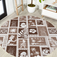 Brown round rug with white patchwork squares and tropical winter holiday icons