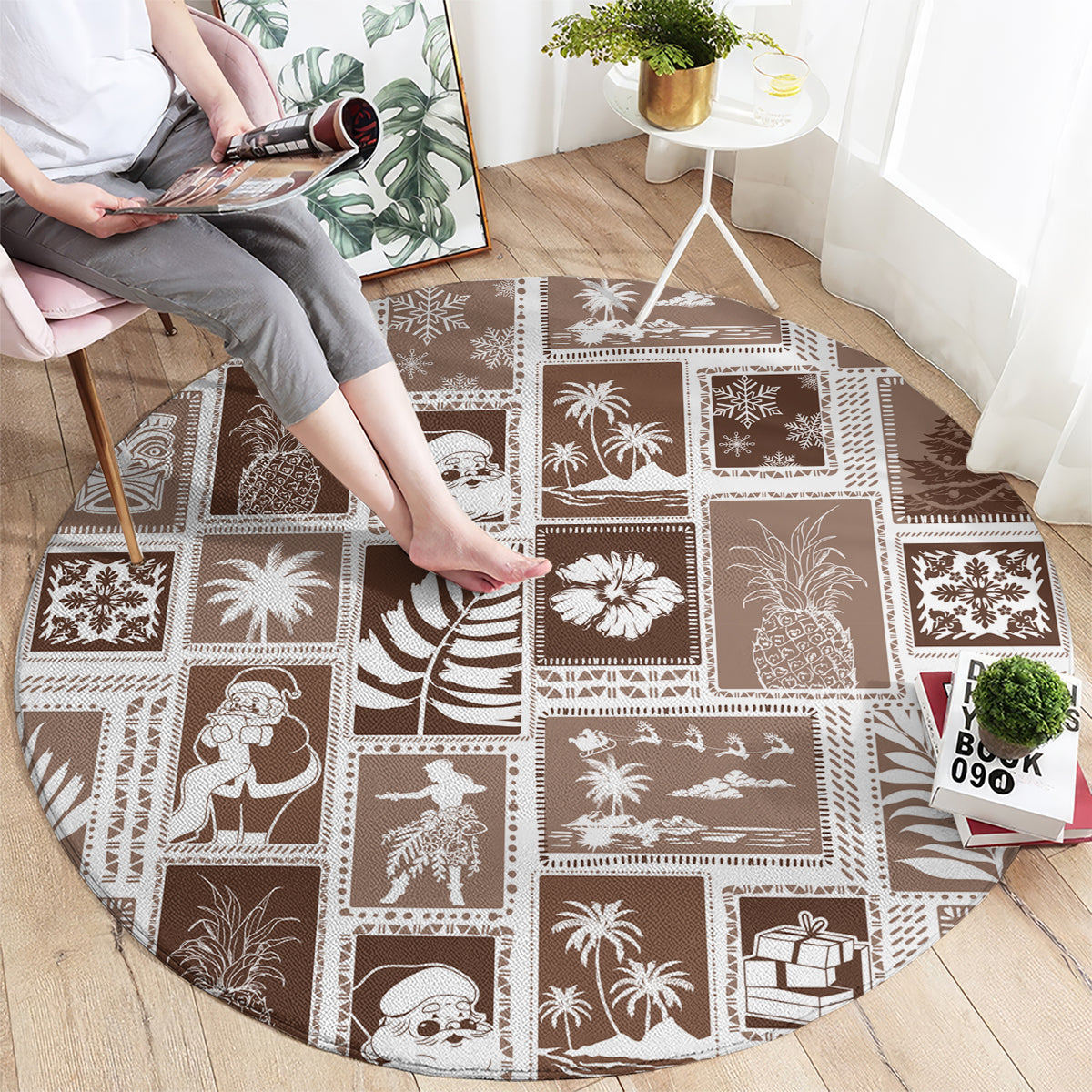 Brown round rug with white patchwork panels and palm, surf, and gift motifs