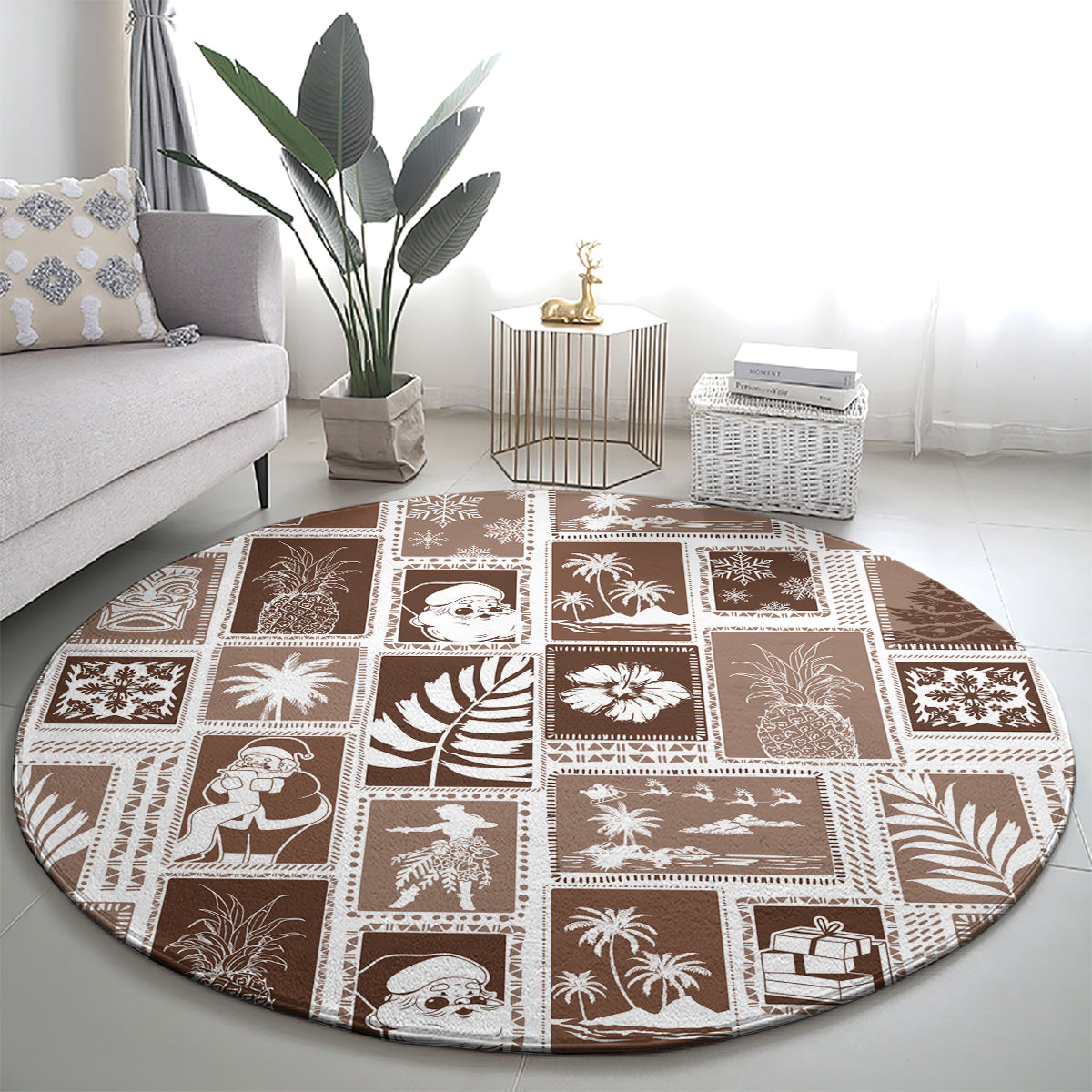 Brown round rug with white patchwork grid squares featuring island and winter symbols