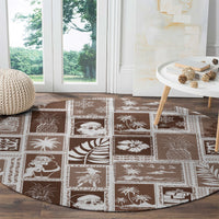 Brown round rug with white patchwork squares and tropical holiday scenes