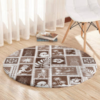 Brown round rug with white patchwork squares and tropical animal and gift icons