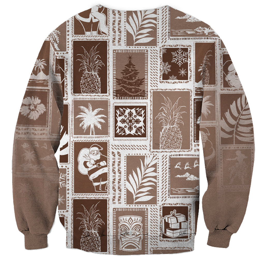 Brown crewneck sweatshirt, patchwork blocks with ornaments, gifts, and festive figures