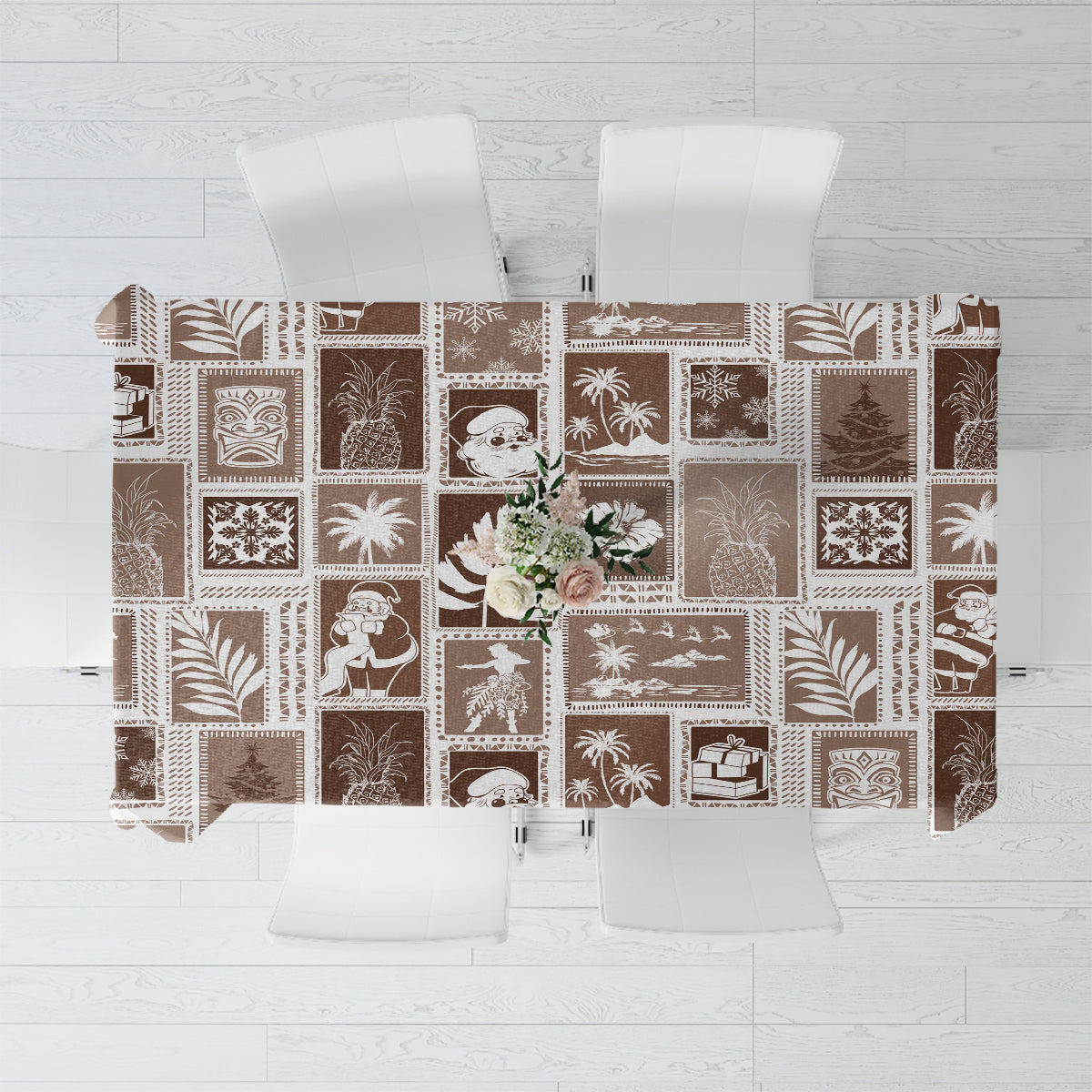 Brown patchwork tablecloth with retro festive motifs and geometric blocks