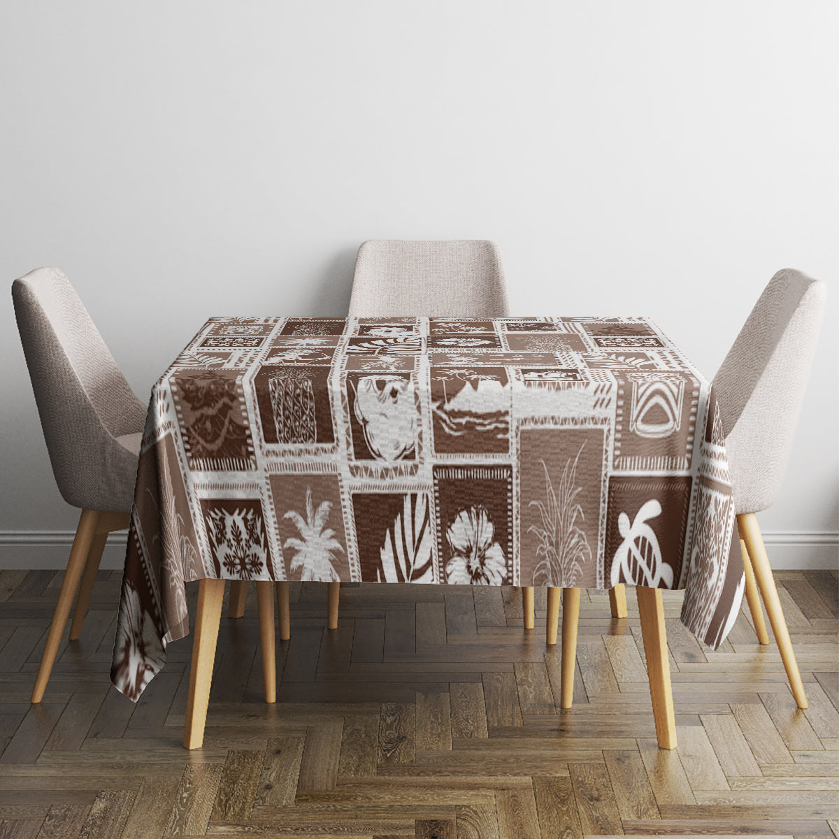Brown and white patchwork tablecloth with retro holiday motifs on dining table