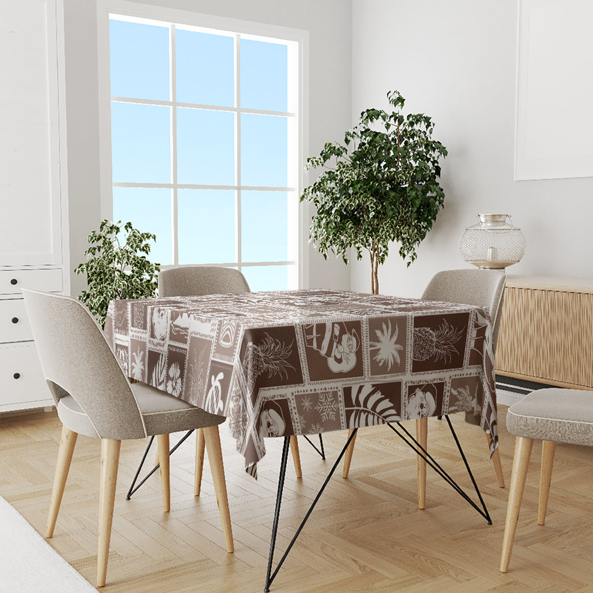 Brown retro patchwork tablecloth with geometric holiday prints on dining set