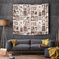 Brown patchwork tapestry with white holiday-style icons and rectangular block pattern