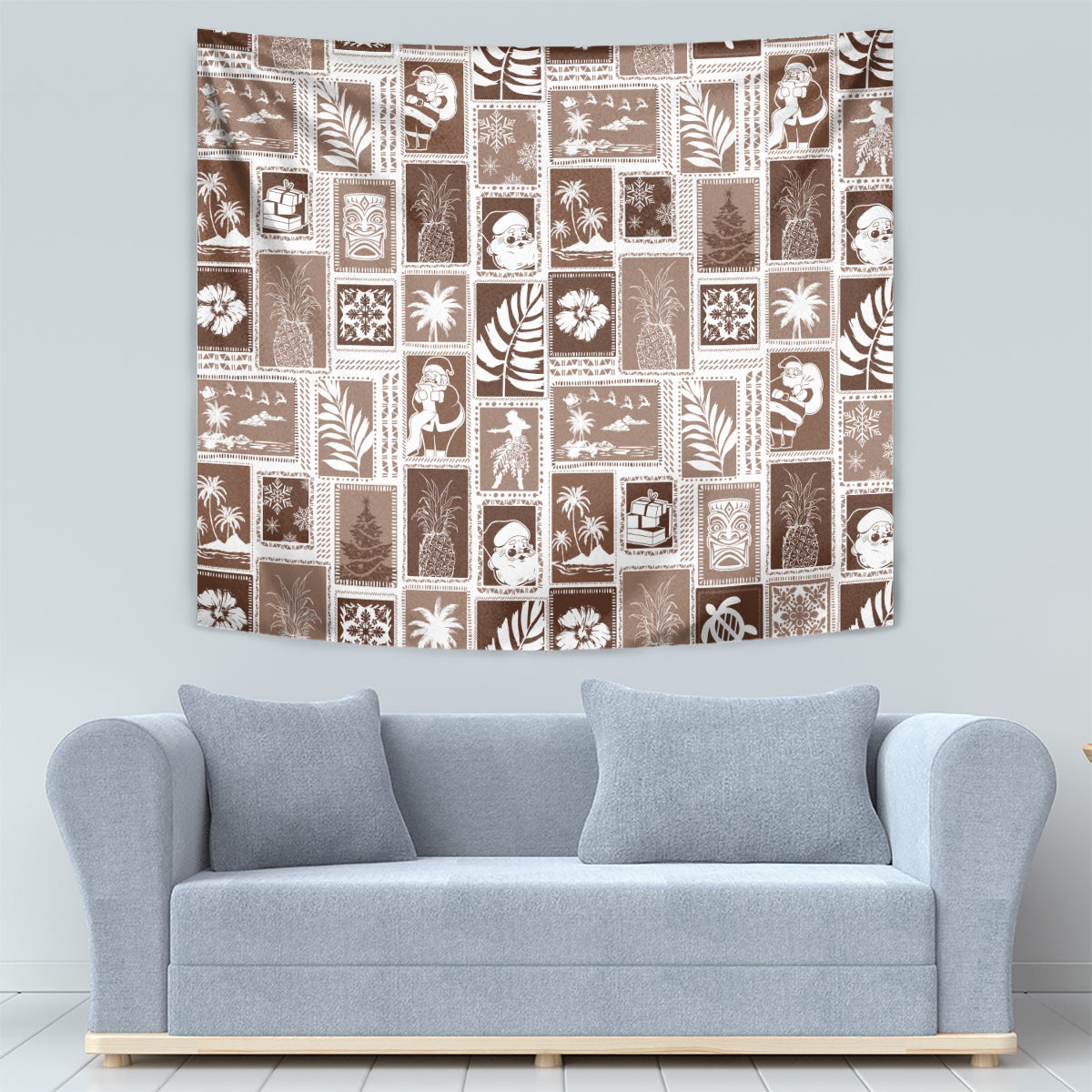 Brown patchwork wall tapestry with white decorative holiday squares and ornament motifs