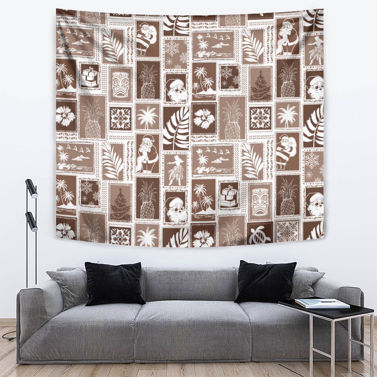 Brown patchwork tapestry with white vintage holiday scenes in repeating block layout