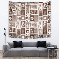 Brown patchwork tapestry with white vintage holiday scenes in repeating block layout