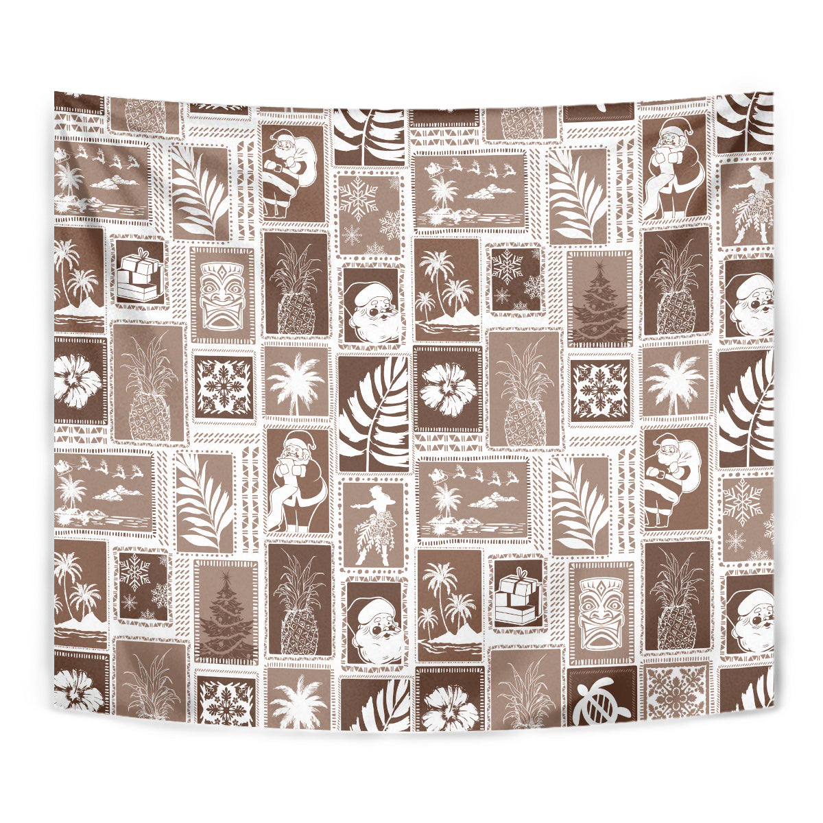 Brown patchwork tapestry with white holiday icon blocks, full grid pattern view