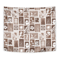 Brown patchwork tapestry with white holiday icon blocks, full grid pattern view