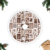 Brown patchwork Christmas tree skirt with white round border and fringe trim