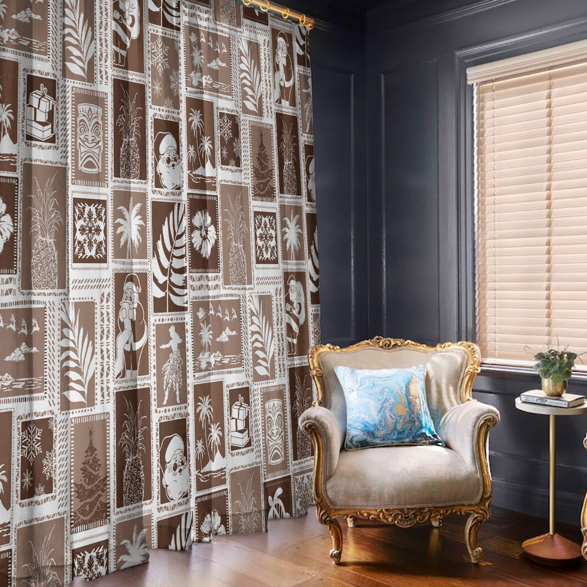 Brown patchwork window curtain panels with holiday motifs in white and tan
