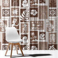 Brown patchwork curtain fabric panel with holiday icons, framed blocks, and white prints