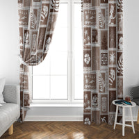 Brown patchwork window curtains with festive patterned blocks framing a white door