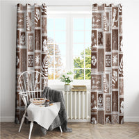 Brown patchwork curtain panels with holiday-themed square blocks and white leaf accents