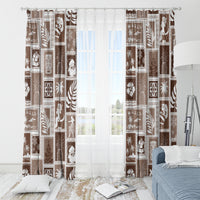 Brown patchwork window curtains with holiday motifs, paired panels, and white accents