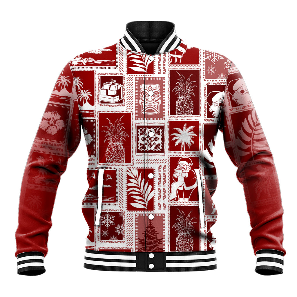 Red patchwork baseball jacket with white trim, striped collar and cuffs