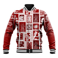 Red patchwork baseball jacket with white trim, striped collar and cuffs
