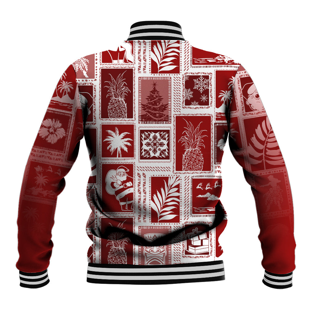 Red patchwork baseball jacket back view with white trim and striped ribbed hem