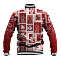 Red patchwork baseball jacket back view with white trim and striped ribbed hem