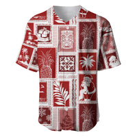 Red patchwork baseball jersey with V-neck and short sleeves, holiday tiki and gift prints