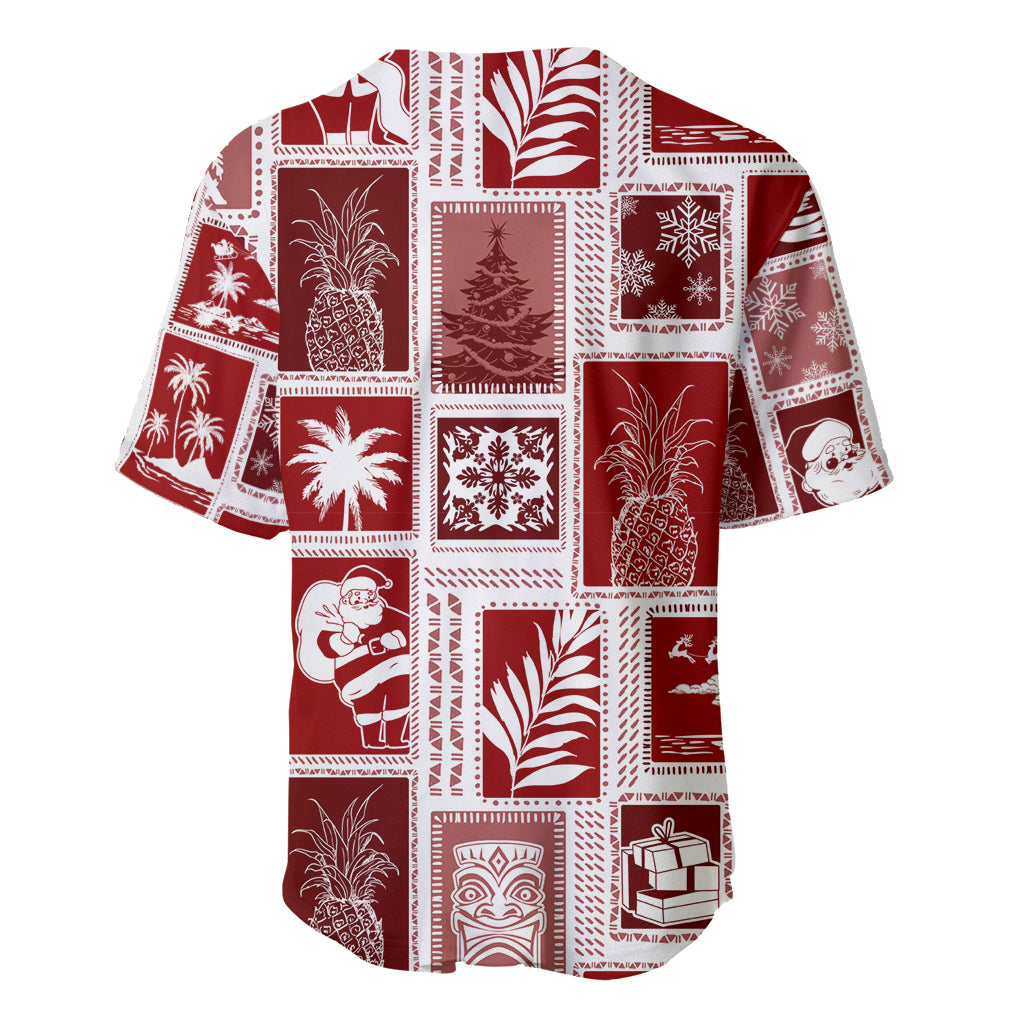 Red patchwork baseball jersey with V-neck and short sleeves, tiki, pineapple, and snowflake motifs
