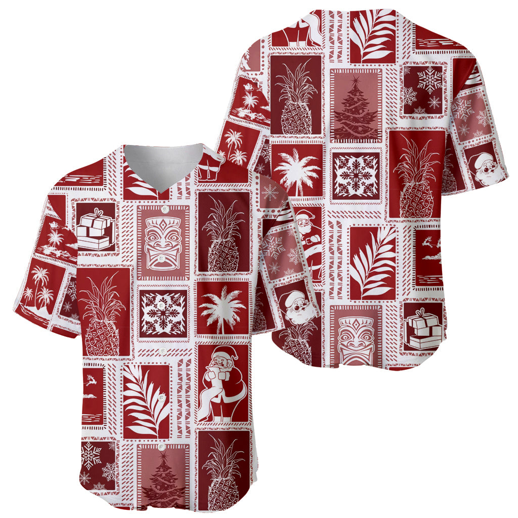 Red patchwork baseball jersey with V-neck and short sleeves, festive block prints with Santa and gifts