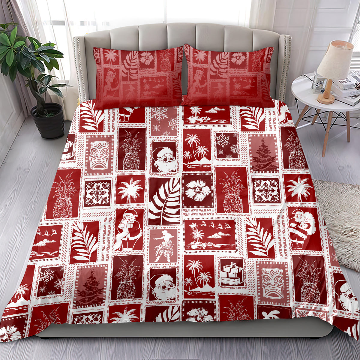 Red patchwork bedding set with square holiday prints and matching pillow shams