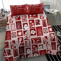 Red patchwork bedding set with square holiday pattern and character icon patches