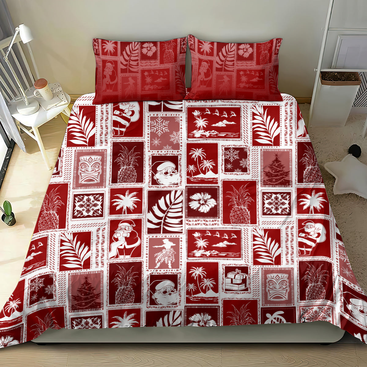 Red patchwork bedding set with square holiday patchwork bedspread and pillow covers