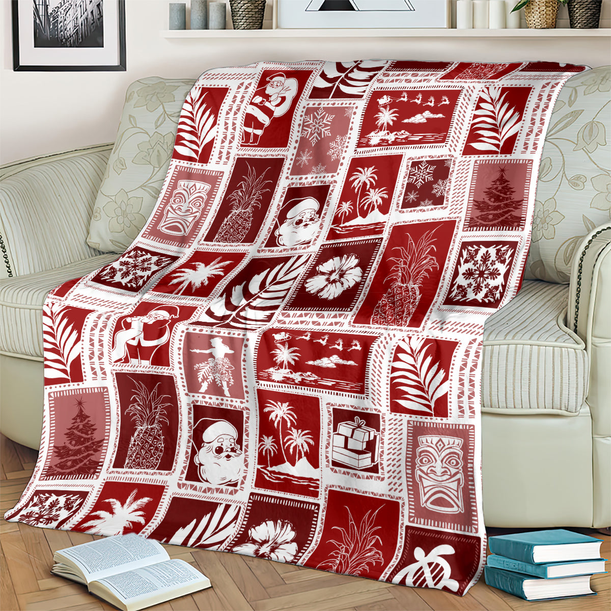 Red patchwork Christmas throw blanket with mixed holiday icons in grid squares