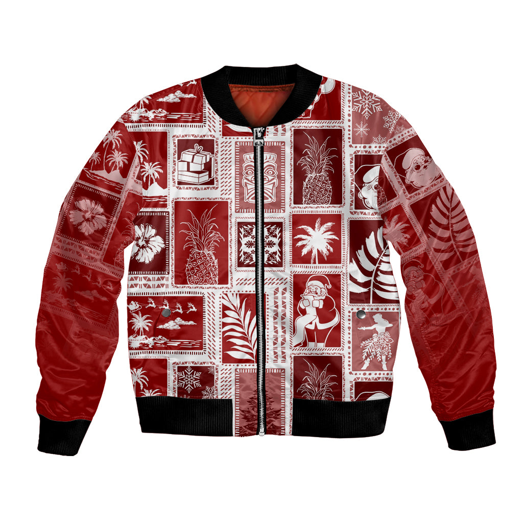 Red patchwork bomber jacket with full-zip front, ribbed cuffs, and holiday print