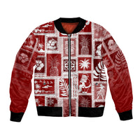 Red patchwork bomber jacket with full-zip front, ribbed cuffs, and holiday print